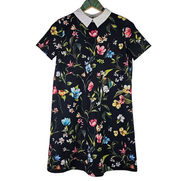 Zara Trafaluc Multi-colored All-over Print Floral Shift White Collared Dress, S - Picture 3 of 9